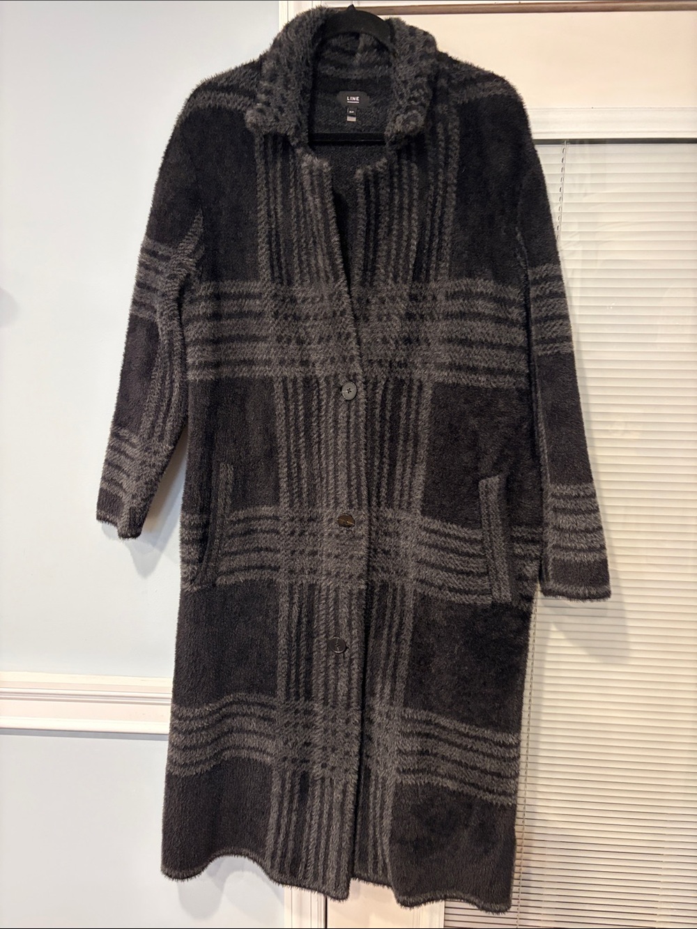 LINE Ruby Long Cardigan Coat in Plush Plaid Button Coat - Gray & Charcoal